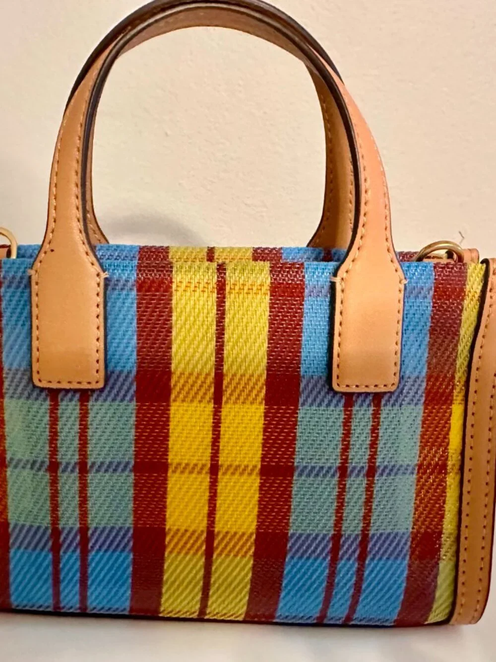 Tory Burch Ella Mini Plaid Top Handle Crossbody Tote Bag Multicolor Leather Trim